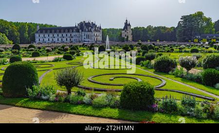 Chenonceau, Tours, France - September 6, 2023: Wide view of the famous historical castle Chenonceau and the beautiful gardens in autumn season Stock Photo
