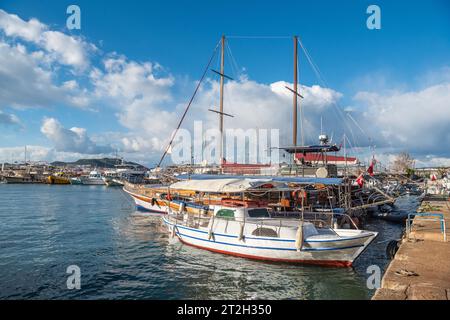 Waterfront in Kas resort town in Antalya province of Turkey, with boats. Stock Photo