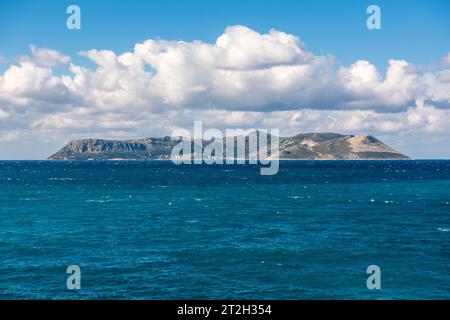 View of Greek island Kastellorizo (officially known as Megisti, or Meis in Turkish), as seen from Kas, Turkey. Stock Photo