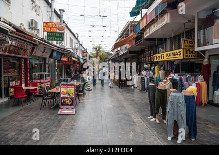 Antalya, Turkey – March 23, 2023. Donerciler Carsisi (Doner Sellers’ Market) in Antalya, Turkey. Street view on Donerciler Carsisi in Muratpasa neighb Stock Photo