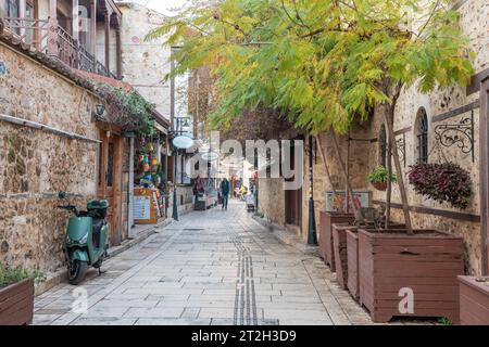 Antalya, Turkey – March 23, 2023. Hesapci Sokak street in Kaleici historic quarter of Antalya, Turkey. Street view with commercial properties and peop Stock Photo