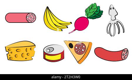 A set of eight icons of items of delicious food and snacks for a cafe bar restaurant on a white background: sausage, bananas, radish, squid, cheese, c Stock Vector