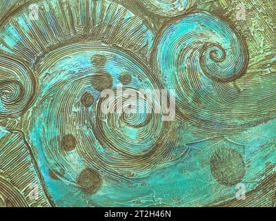 texture, bulk paint on canvas. a picture is carved on the background, a stone decoration made of different colors. blue circles with dots, 3d backgrou Stock Photo
