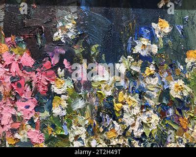 Liquid multicolored marble sprinkled with sparkles. Contemporary creativity. A colorful avant-garde painting with rich texture. A background made up o Stock Photo