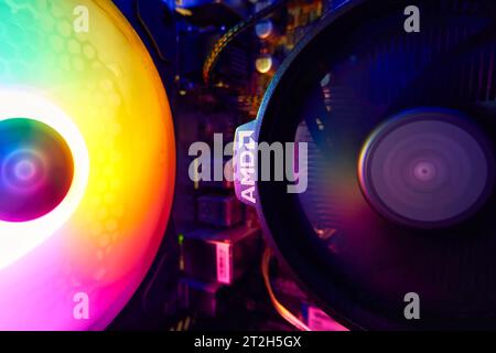 Ryazan, Russia - October 19, 2023: AMD rotating cooler inside a personal computer case Stock Photo