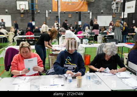 Ballot papers are checked and verified by count staff for the Tamworth by-election at The Rawlett School. Picture date: Thursday October 19, 2023. Stock Photo