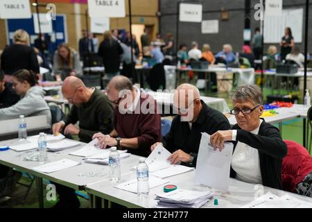 Ballot papers are checked and verified by count staff for the Tamworth by-election at The Rawlett School. Picture date: Thursday October 19, 2023. Stock Photo