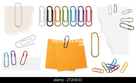 Abstract composition with office metal paper clips pinned on note paper and lacerated peaces of paper sheets isolated vector illustration Stock Vector