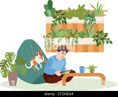 Green workplace flat composition with male character relaxing with his dog surrounded by domestic plants vector illustration Stock Vector