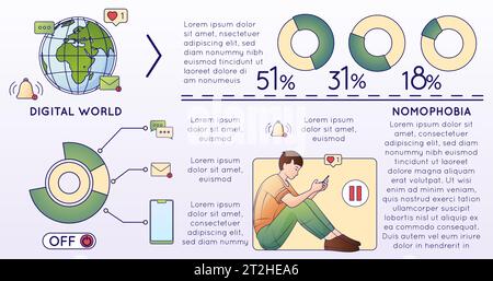 Digital detoxing flat line composition with radial charts with percentage text earth globe icon and human vector illustration Stock Vector