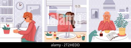 Nasal disease three isolated illustrations with people treating runny nose at home in different ways flat vector illustration Stock Vector