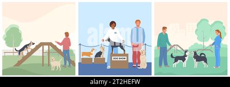 Dog breeder business flat set of square compositions with people and pets on park outdoor playground vector illustration Stock Vector