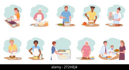 Cook home flat set with isolated compositions of cooking people of various age and skin color vector illustration Stock Vector