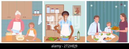 Cook home flat set of isolated square shaped compositions with cooking and eating family member characters vector illustration Stock Vector