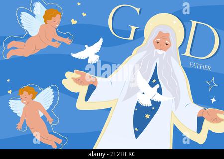 God father composition with collage of flat images with human characters of childish angels old man vector illustration Stock Vector