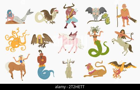 Mythical creatures flat set with isolated doodle style images of ancient fairytale fantasies on blank background vector illustration Stock Vector