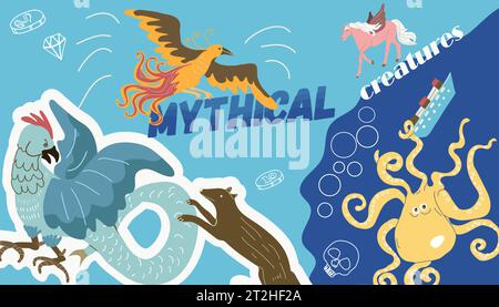 Mythical creatures collage of flat images with fantastic birds gorgons eating ships with pegasus flying horse vector illustration Stock Vector
