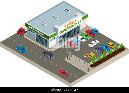 Supermarket building outdoor with car parking isometric object isolated on white background 3d vector illustration Stock Vector