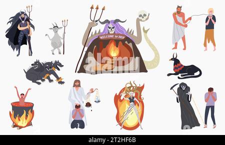 Hell underworld flat set of isolated icons with cartoon style devils holding tridents with burning fire vector illustration Stock Vector