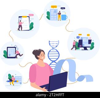 Scientific articles writing flat background with connected compositions of doodle people with letter icons and computers vector illustration Stock Vector
