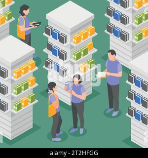 People choosing books at book store isometric background vector illustration Stock Vector