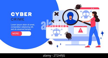 Cyber crime flat banner with hacker websites and computer virus vector illustration Stock Vector