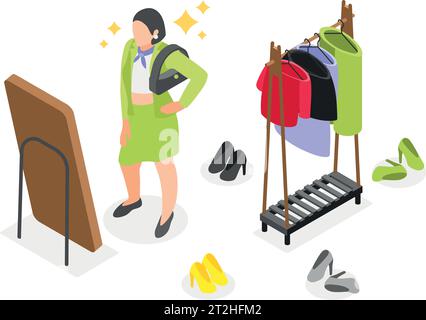 Spring wardrobe isometric composition with woman choosing clothes trying on new outfit in front of mirror 3d vector illustration Stock Vector