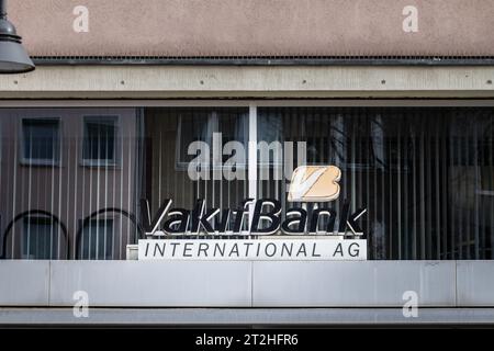 Picture of a sign with the logo of Vakibank international on their branch for germany in Cologne. VakıfBank is the second largest bank in Turkey in te Stock Photo