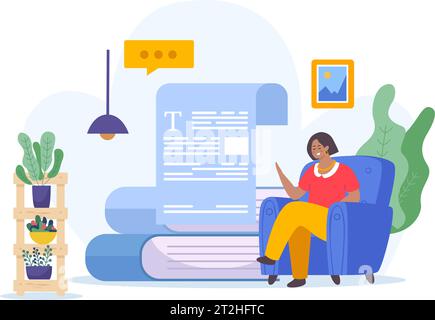 Writer flat background composition with living room scenery interior elements and female writer sitting in armchair vector illustration Stock Vector