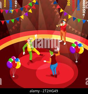 Circus performance with funny clowns playing trumpet and dancing on stage isometric vector illustration Stock Vector