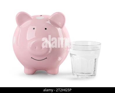 Water scarcity concept. Piggy bank, tap and coins isolated on white ...