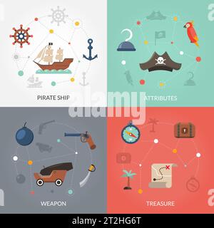 Pirate design concept set with ship weapon and treasure flat icons isolated vector illustration Stock Vector