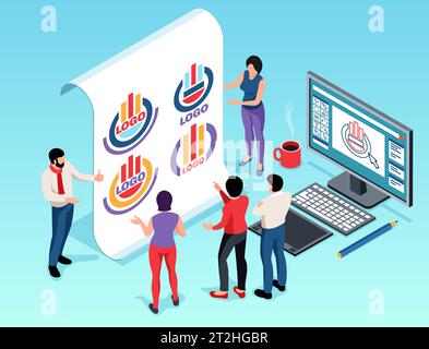 Design studio isometric concept with team of designers creating logo 3d vector illustration Stock Vector