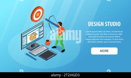 Design studio horizontal blue background website banner with female designer shooting at target 3d isometric vector illustration Stock Vector