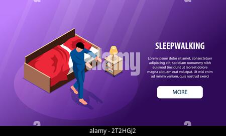 Sleepwalking isometric horizontal web banner with man suffering from somnambulism vector illustration Stock Vector