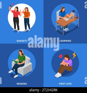 Teenagers concept icons set with first love symbols isometric isolated vector illustration Stock Vector