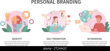 Personal branding flat icons set with identity and networking symbols isolated vector illustration Stock Vector