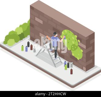 Man street artist using folding metal ladder to paint graffiti on brick wall isometric composition 3d vector illustration Stock Vector