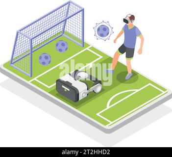 VR sports trainings colored and isometric composition man plays with a virtual soccer ball on the field vector illustration Stock Vector