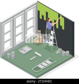 Woman standing on folding metal ladder and painting room walls with green paint isometric composition vector illustration Stock Vector