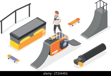 Action camera activities isometric composition with man training in skateboard park and making video vector illustration Stock Vector