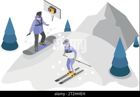 People skiing and snowboarding downhill shooting themselves on action camera isometric composition vector illustration Stock Vector