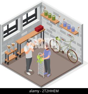 Wife giving metal ladder with bow as gift to happy husband in garage isometric composition 3d vector illustration Stock Vector