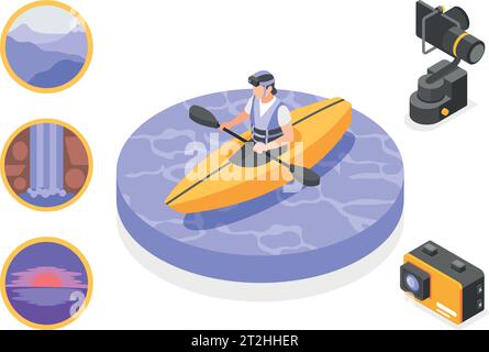 Action camera isometric composition with woman taking photos of nature in kayak 3d vector illustration Stock Vector