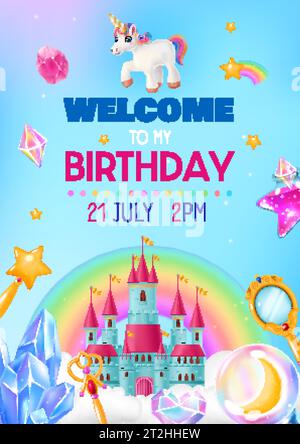 Welcome to birthday invitation card decorated with fantasy magic cartoon objects realistic  vector illustration Stock Vector