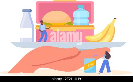 Lunch box flat composition with human hand holding tray with meals and people on blank background vector illustration Stock Vector