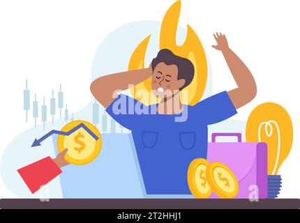 Financial instability flat icons composition with doodle character of broker on fire with coins and stocks vector illustration Stock Vector