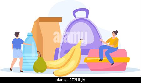 Lunch box composition of flat icons with backpack paper bag fruits water bottle and doodle people vector illustration Stock Vector