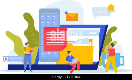 Event planning flat composition with doodle human characters laptop documents calendar app message and notification signs vector illustration Stock Vector