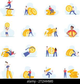 Financial instability set of flat isolated icons with doodle characters of distracted workers with falling coins vector illustration Stock Vector